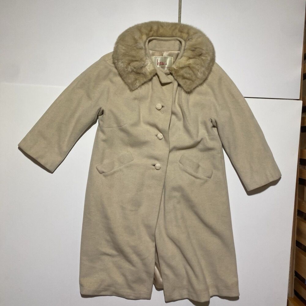 Vintage 60s Hess's Beige Cashmere Swing Coat w/ Real Fur Collar estimated M/L